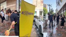 Փաշինյանին պաշտպանող կանայք ջրով «քերում» են մայթը