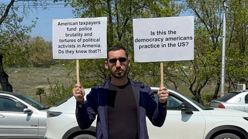 Activist holds silent protest outside U.S. Embassy in Yerevan