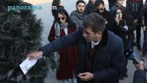 Activists protest outside Memorial to the Victims of Repression in Yerevan