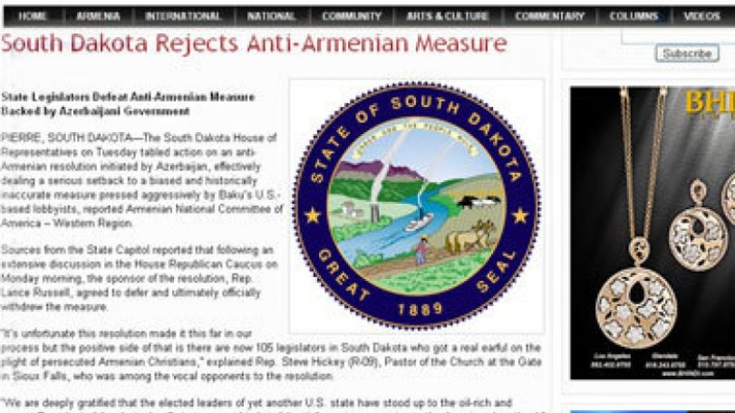 South Dakota House of Representatives rejects anti-Armenian resolution