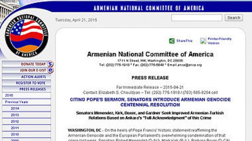 Citing Pope’s sermon, Senators introduce Armenian Genocide Centennial Resolution