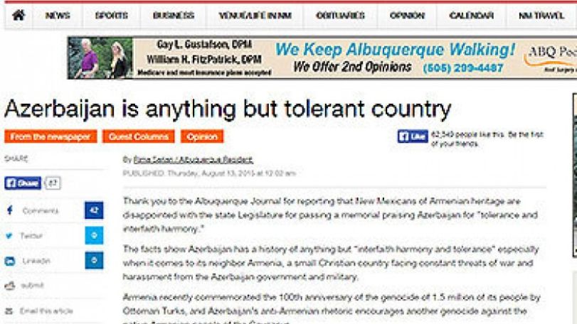 Albuquerque Journal: Since its existence, Azerbaijan desires to wipe ancient Christian Armenia off map 