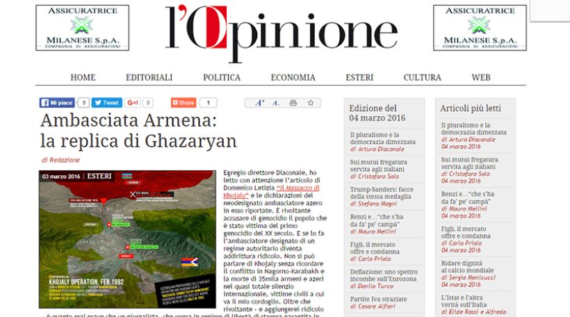 Armenian Ambassador to Italy advises his Azerbaijani colleague to study facts about Karabakh conflict from objective sources