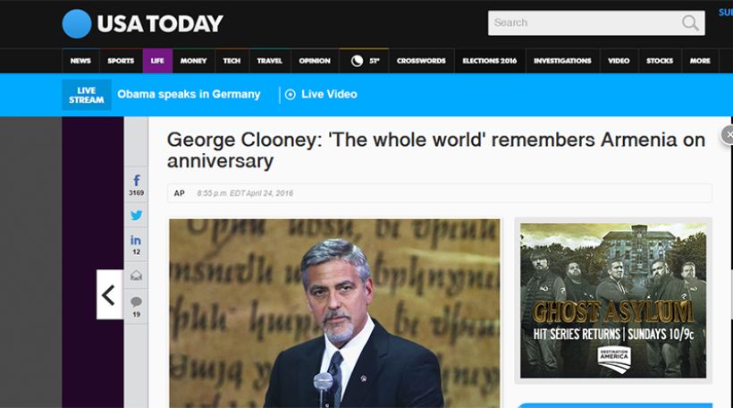 «Гитлер сказал: кто сегодня помнит армян? Вот ответ – весь мир».  USA Today о заявлении Клуни и премии Aurora Prize