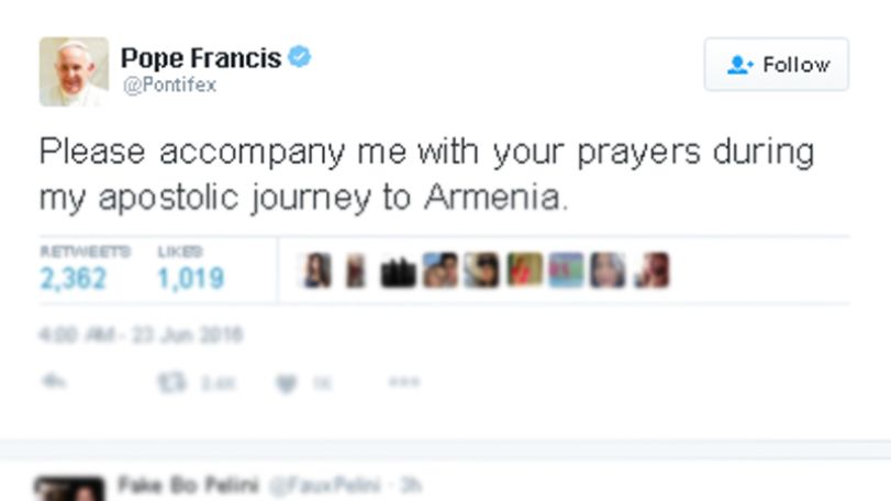 Папа Римский Франциск перед апостольским визитом в Армению сделал запись в Twitter