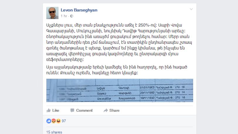 Levon Barseghyan confuses his address, Police official clarifies
