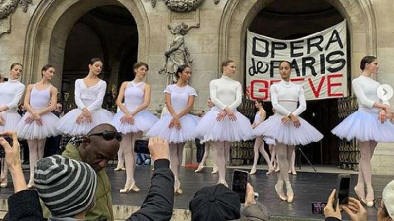 Paris Opera ballerinas perform in protest of Macron's pension reform plan