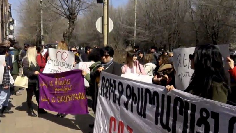 People march in Armenia’s Gyumri to condemn violence against women
