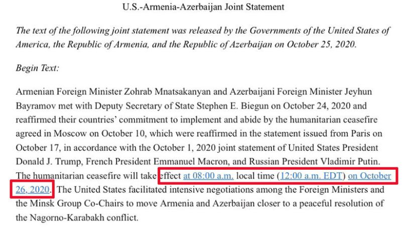 US says humanitarian ceasefire to take effect on October 26 in Nagorno-Karabakh