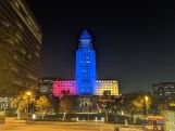 Los Angeles City Hall illuminated with Armenian tricolor