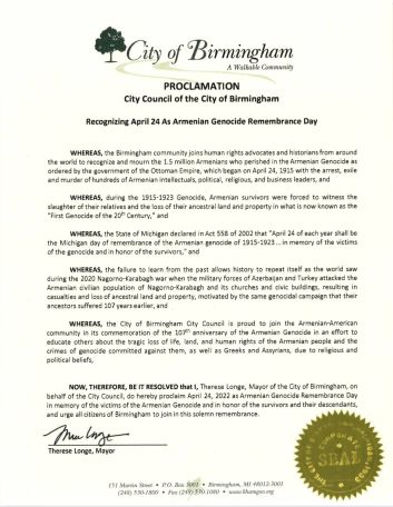 City of Birmingham, Michigan, proclaims April 24 as Armenian Genocide Remembrance Day