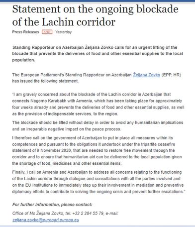 MEP Željana Zovko calls for urgent unblocking of Lachin corridor
