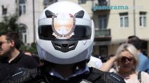 Lawyer joins protest outside Armenia's Interior Ministry wearing body armor, helmet