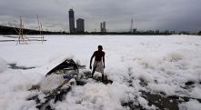 Священная река в Индии покрылась ядовитой пеной